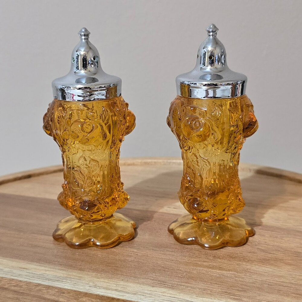 Vintage Fenton Glass Cabbage Rose Amber Salt and Pepper Shakers